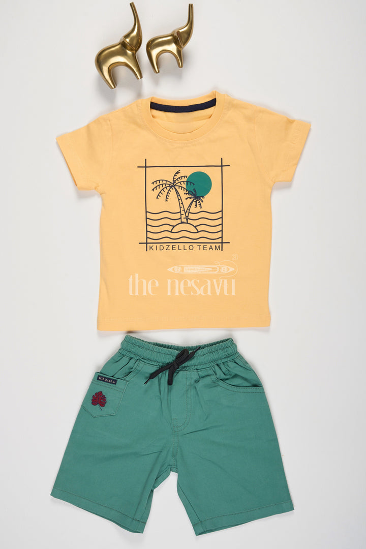 The Nesavu Boys Casual Set Tropical Gray Half Sleeve Shirt and Green Shorts Set for Boys Nesavu Tropical Gray Half Sleeve Shirt and Green Shorts Set for Boys - Nesavu