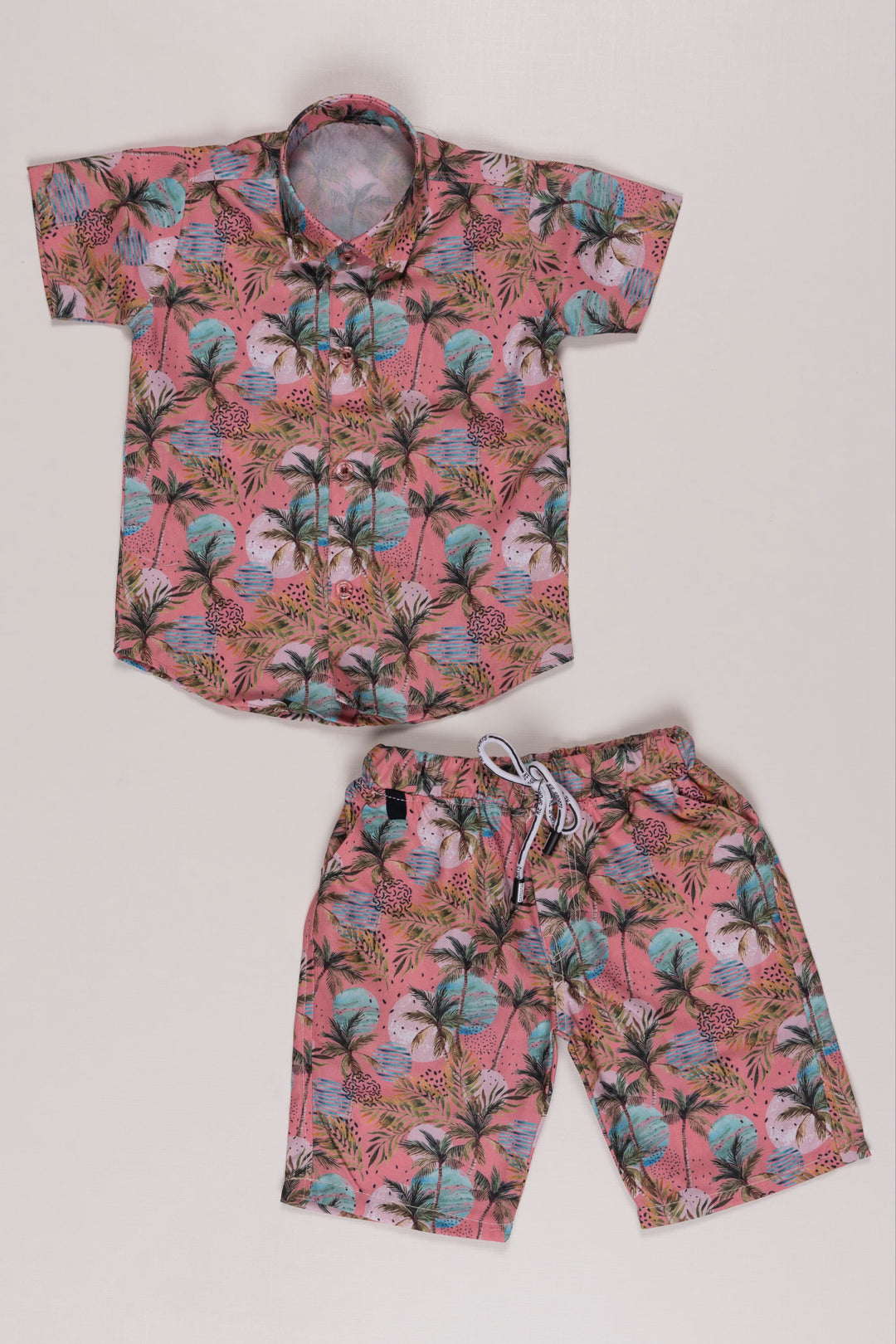 The Nesavu Boys Casual Set Tropical Palm Print Boys Casual Shorts and Shirt Set - Comfortable Two Piece Set Nesavu 16 (1Y) / Pink BCS005B-16 Boys Coral Tropical Shirt & Shorts Set | Casual Summer Wear | The Nesavu
