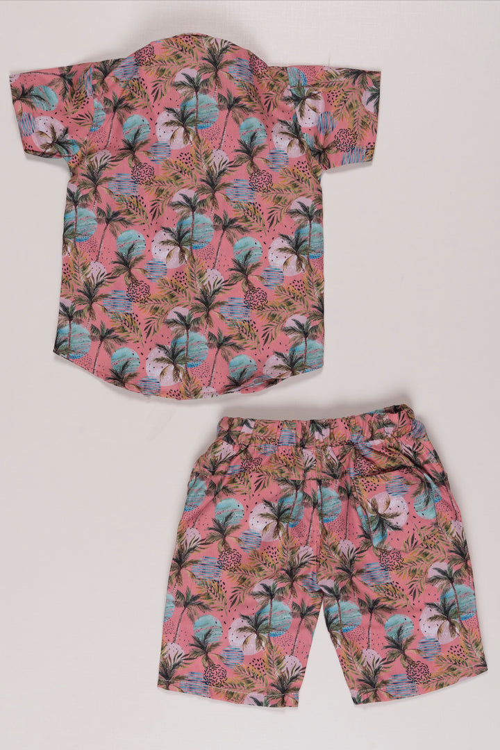 The Nesavu Boys Casual Set Tropical Palm Print Boys Casual Shorts and Shirt Set - Comfortable Two Piece Set Nesavu Boys Coral Tropical Shirt & Shorts Set | Casual Summer Wear | The Nesavu