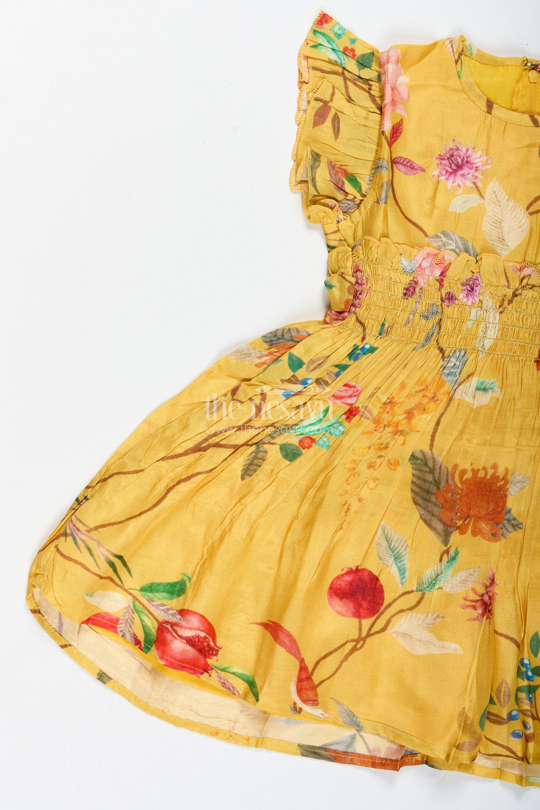 The Nesavu Girls Cotton Frock Tropical Print Summer Dress for Toddler Girls Nesavu Nesavu Vibrant Cotton Summer Dress Toddler Girls Yellow Tropical Floral Bird Prints