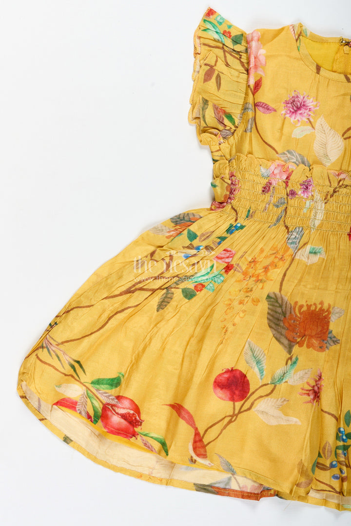 The Nesavu Girls Cotton Frock Tropical Print Summer Dress for Toddler Girls Nesavu Nesavu Vibrant Cotton Summer Dress Toddler Girls Yellow Tropical Floral Bird Prints