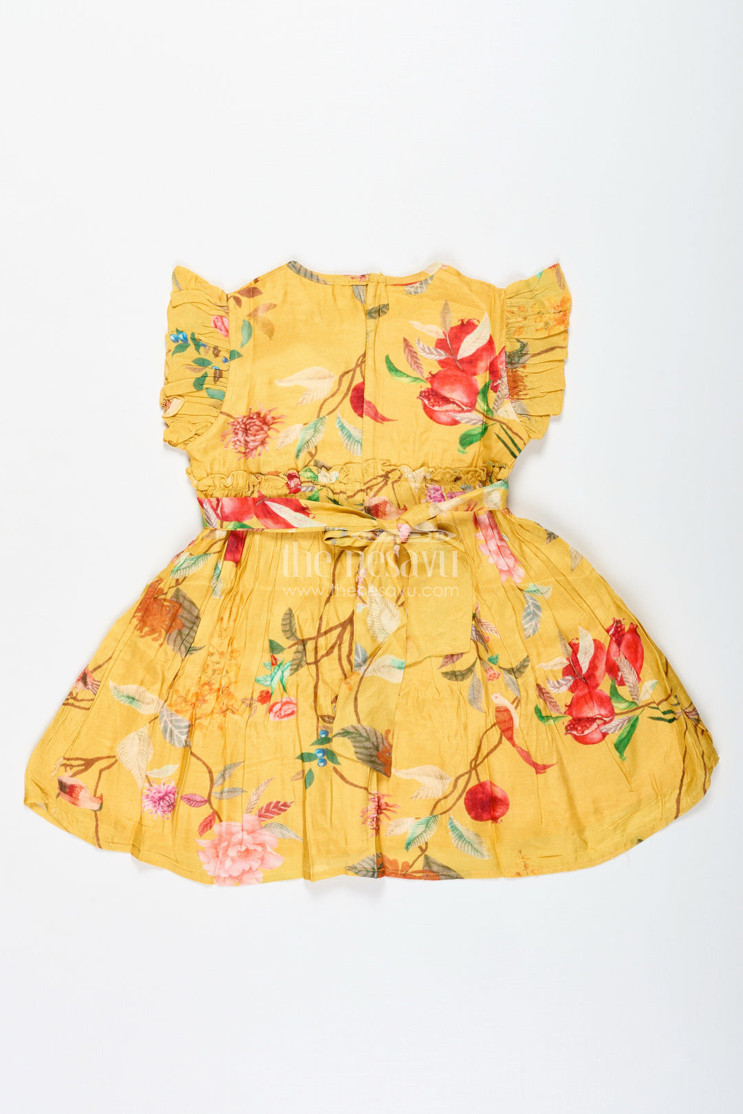 The Nesavu Girls Cotton Frock Tropical Print Summer Dress for Toddler Girls Nesavu Nesavu Vibrant Cotton Summer Dress Toddler Girls Yellow Tropical Floral Bird Prints