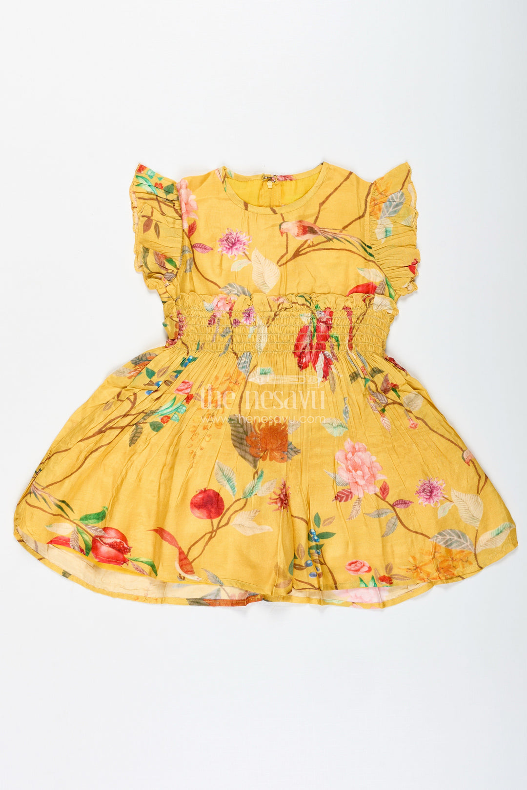 The Nesavu Girls Cotton Frock Tropical Print Summer Dress for Toddler Girls Nesavu Nesavu Vibrant Cotton Summer Dress Toddler Girls Yellow Tropical Floral Bird Prints