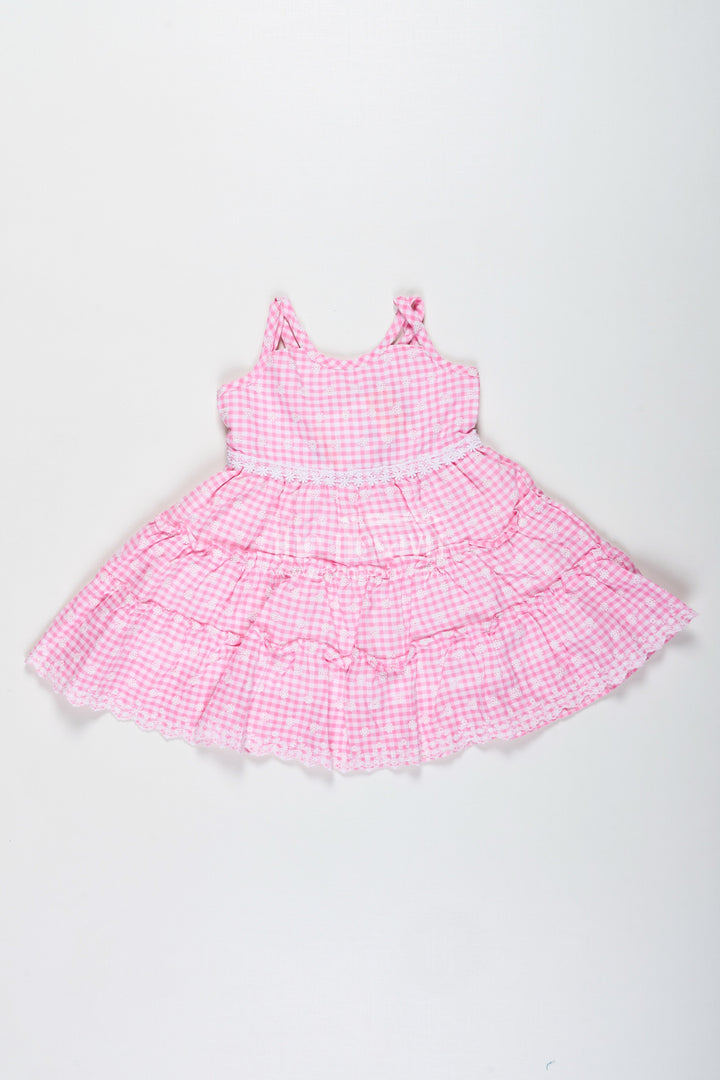 The Nesavu Girls Fancy Frock Tulle and Lace Frock for Girls Elegant Dress for Special Days Nesavu 18 (2Y) / Pink GFC1820C-18 Nesavu Girls Tulle Lace Frock Pink Gingham Cotton Embroidery Tiered Skirt Design