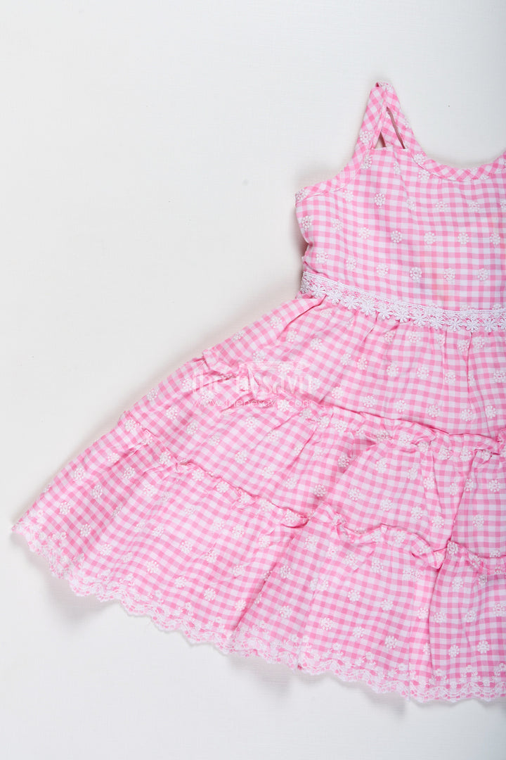 The Nesavu Girls Fancy Frock Tulle and Lace Frock for Girls Elegant Dress for Special Days Nesavu Nesavu Girls Tulle Lace Frock Pink Gingham Cotton Embroidery Tiered Skirt Design