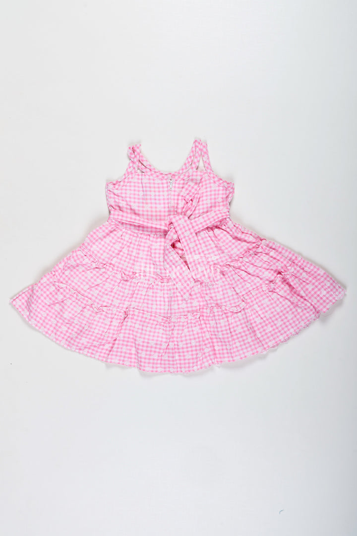 The Nesavu Girls Fancy Frock Tulle and Lace Frock for Girls Elegant Dress for Special Days Nesavu Nesavu Girls Tulle Lace Frock Pink Gingham Cotton Embroidery Tiered Skirt Design