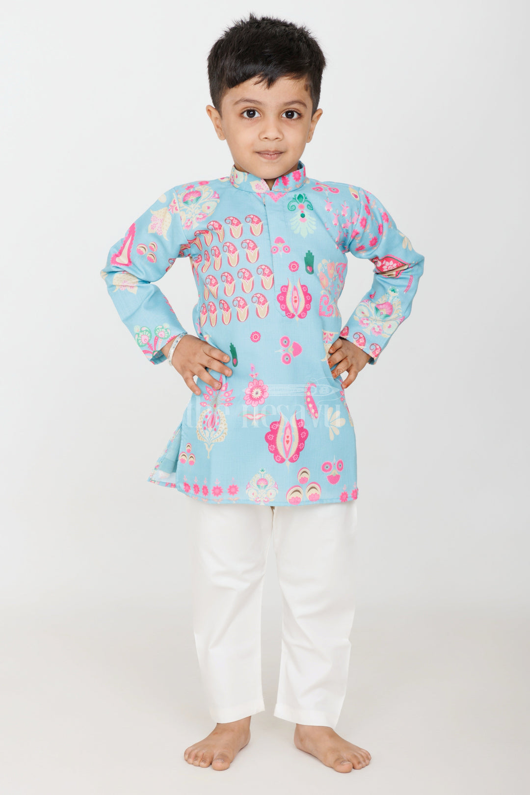 The Nesavu Boys Kurtha Set Turquoise Blended Silk Kurta Set for Boys with Floral and Paisley Prints for Traditional Events Nesavu 14 (6M) / Turquoise BES597A-14 Nesavu Boys Turquoise Silk Kurta Set Floral Paisley Prints Traditional Festive Wear