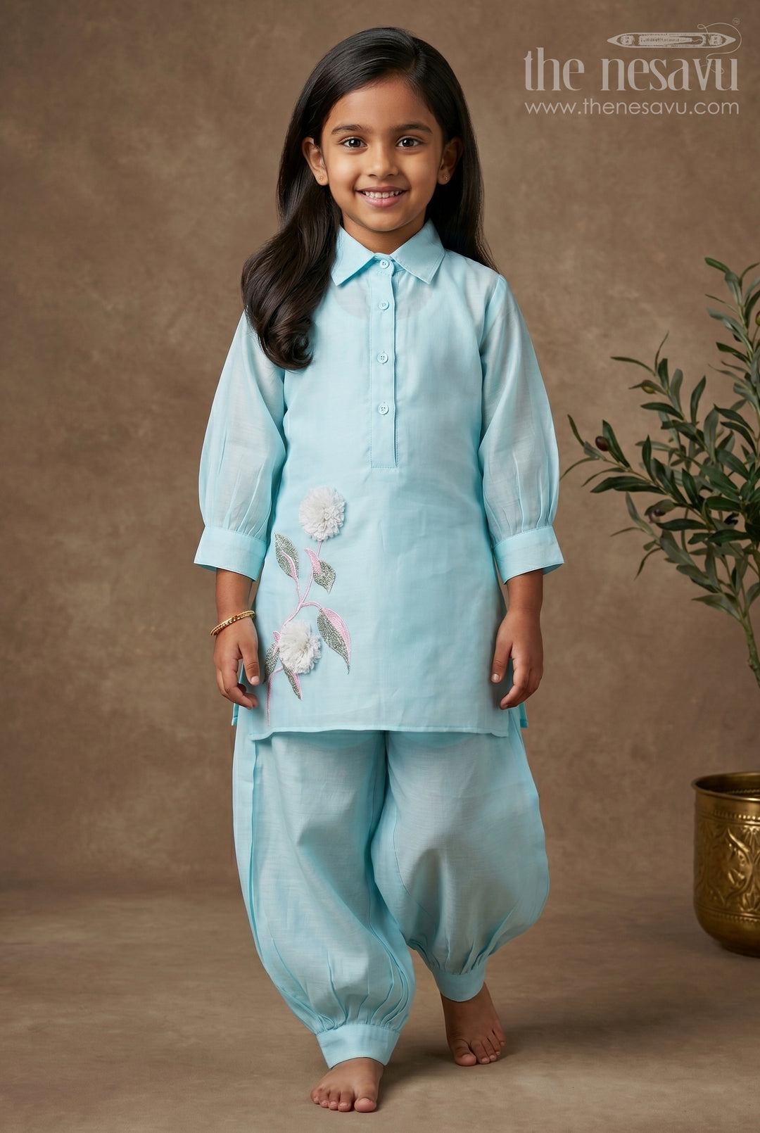 The Nesavu Girls Co-Ord Sets Turquoise Blue Elbow Sleeve Modal Silk Kurta Set with Floral Embroidery for Girls Nesavu 24 (5Y) / Blue GPS337B-24 Turquoise Blue 3/4th Sleeve Modal Silk Kurta Set for Girls