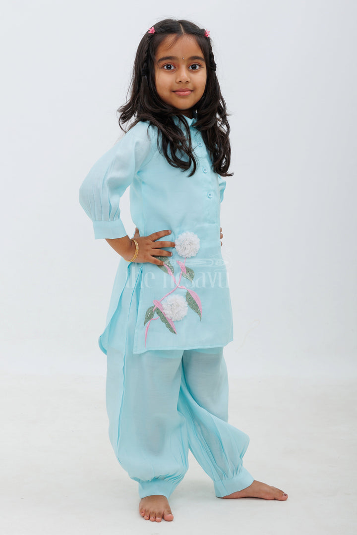 The Nesavu Girls Sharara / Plazo Set Turquoise Blue Elbow Sleeve Modal Silk Kurta Set with Floral Embroidery for Girls Nesavu Turquoise Blue 3/4th Sleeve Modal Silk Kurta Set for Girls