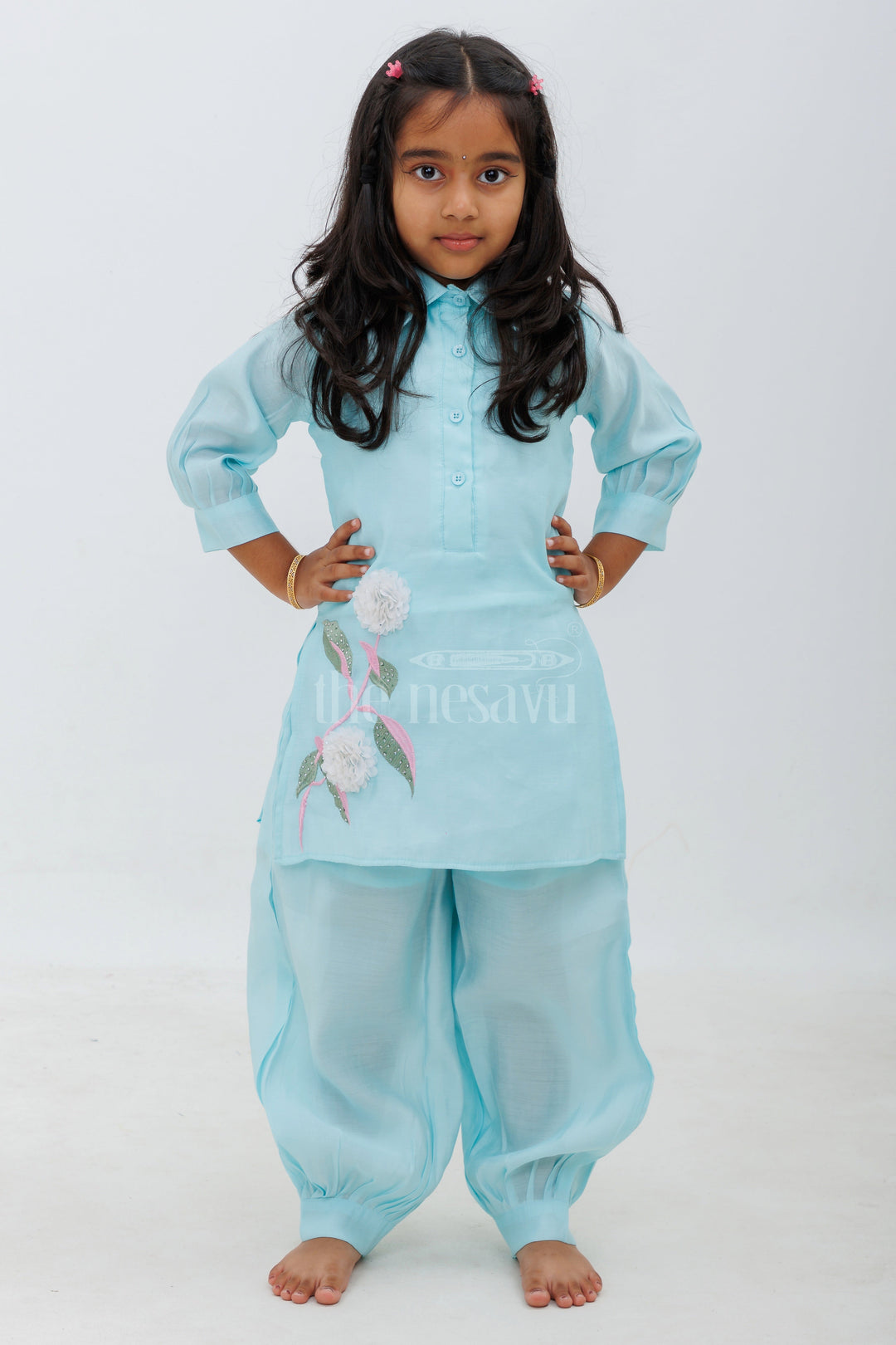 The Nesavu Girls Sharara / Plazo Set Turquoise Blue Elbow Sleeve Modal Silk Kurta Set with Floral Embroidery for Girls Nesavu Turquoise Blue 3/4th Sleeve Modal Silk Kurta Set for Girls