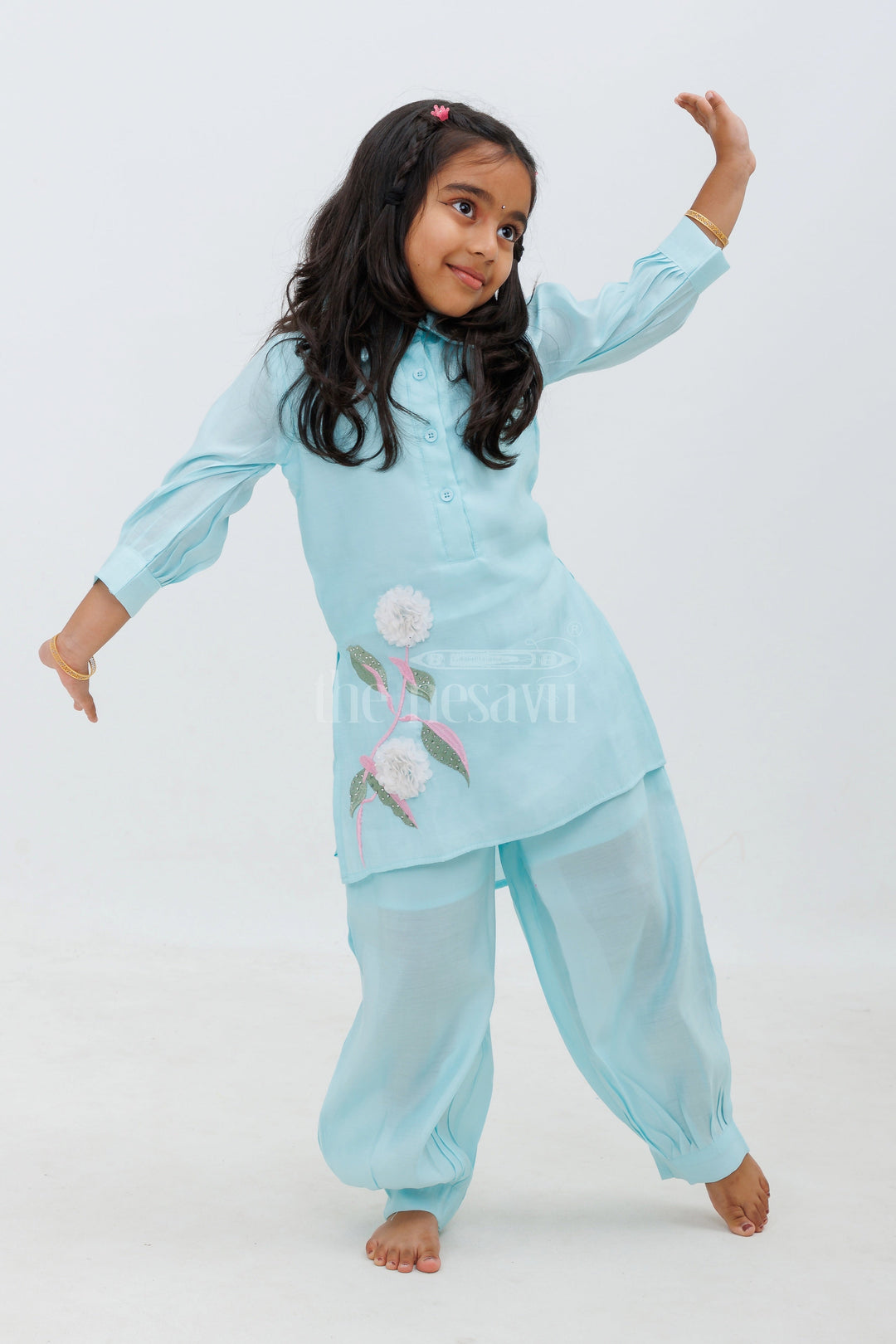 The Nesavu Girls Sharara / Plazo Set Turquoise Blue Elbow Sleeve Modal Silk Kurta Set with Floral Embroidery for Girls Nesavu Turquoise Blue 3/4th Sleeve Modal Silk Kurta Set for Girls