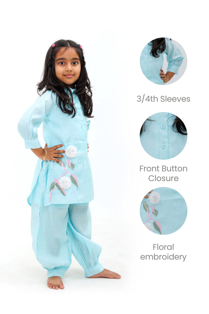 The Nesavu Girls Sharara / Plazo Set Turquoise Blue Elbow Sleeve Modal Silk Kurta Set with Floral Embroidery for Girls Nesavu Turquoise Blue 3/4th Sleeve Modal Silk Kurta Set for Girls