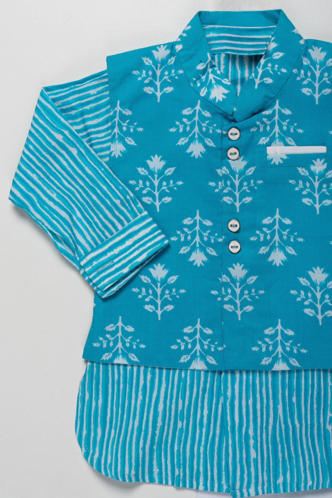 The Nesavu Boys Jacket Sets Turquoise Blue Printed Overcoat Attached Kurta For Boys With Pants Nesavu Boys Readymade Cotton Kurta Wear | Party Wear Design Ideas | The Nesavu