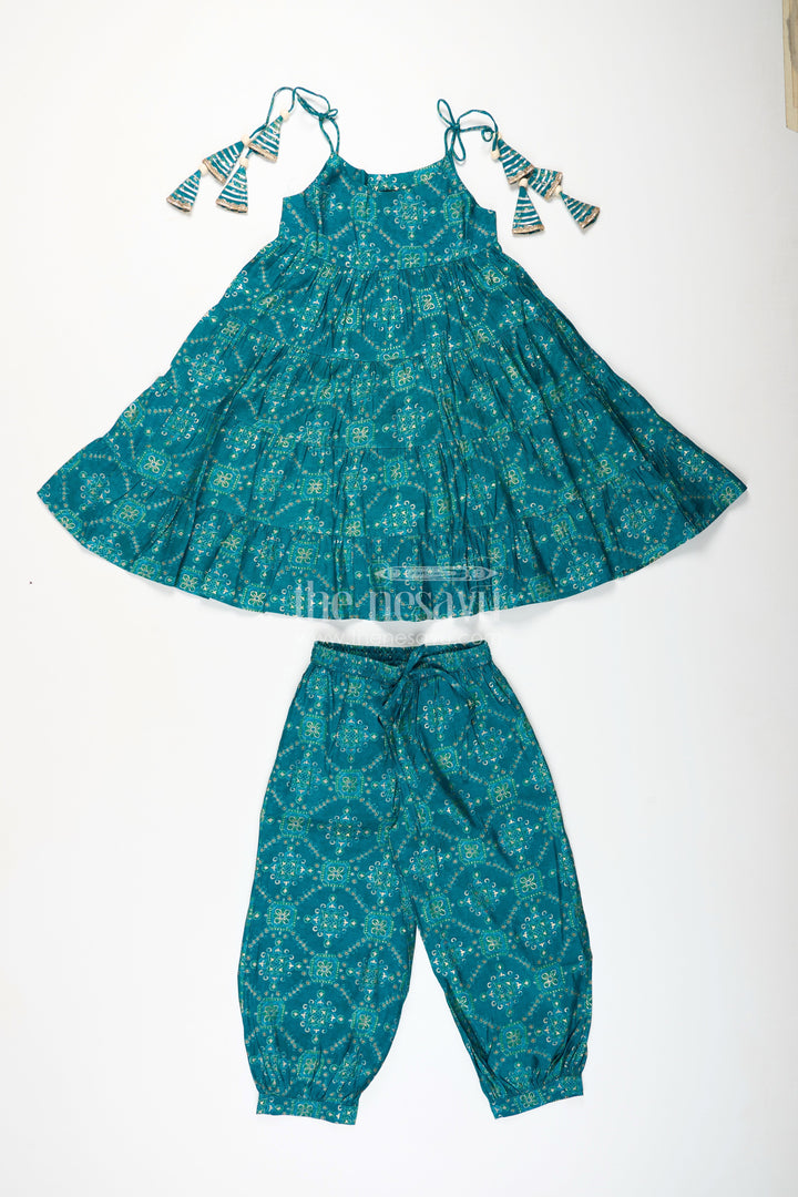 The Nesavu Girls Sharara / Plazo Set Turquoise Cotton Sharara Set for Toddler Girls for Ethnic Events Nesavu 24 (5Y) / Turquoise GPS815C-24 Nesavu toddler girls turquoise cotton sharara set with printed flared kurti for festive wear