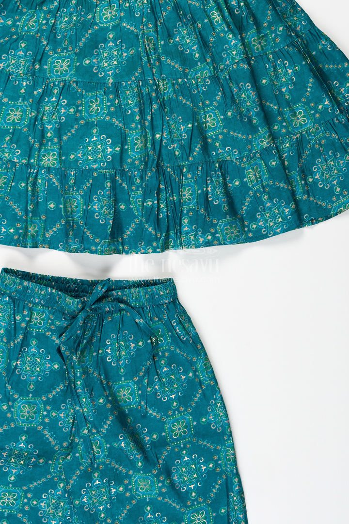 The Nesavu Girls Sharara / Plazo Set Turquoise Cotton Sharara Set for Toddler Girls for Ethnic Events Nesavu Nesavu toddler girls turquoise cotton sharara set with printed flared kurti for festive wear