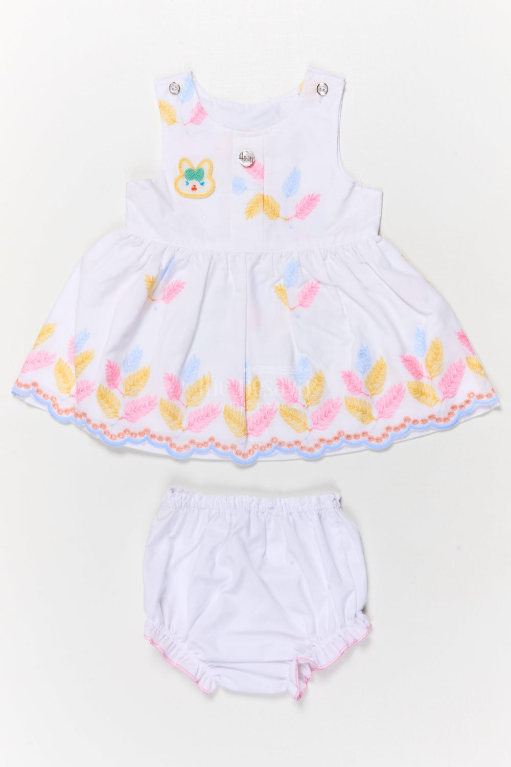 The Nesavu Baby Cotton Frocks Two-piece Baby Frock Set with Floral Embroidery and Bloomers Nesavu 14 (6M) / Half white / Cotton Blend BFJ850E-14 Baby frock set with embroidery and bloomers for comfortable everyday wear