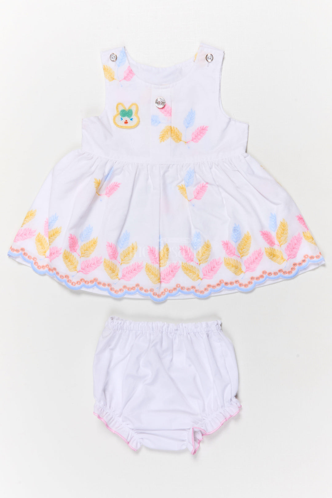 The Nesavu Baby Cotton Frocks Two-piece Baby Frock Set with Floral Embroidery and Bloomers Nesavu 14 (6M) / Half white / Cotton Blend BFJ850E-14 Baby frock set with embroidery and bloomers for comfortable everyday wear