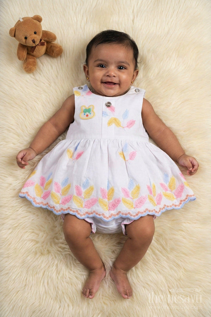 The Nesavu Baby Cotton Frocks Two-piece Baby Frock Set with Floral Embroidery and Bloomers Nesavu Baby frock set with embroidery and bloomers for comfortable everyday wear