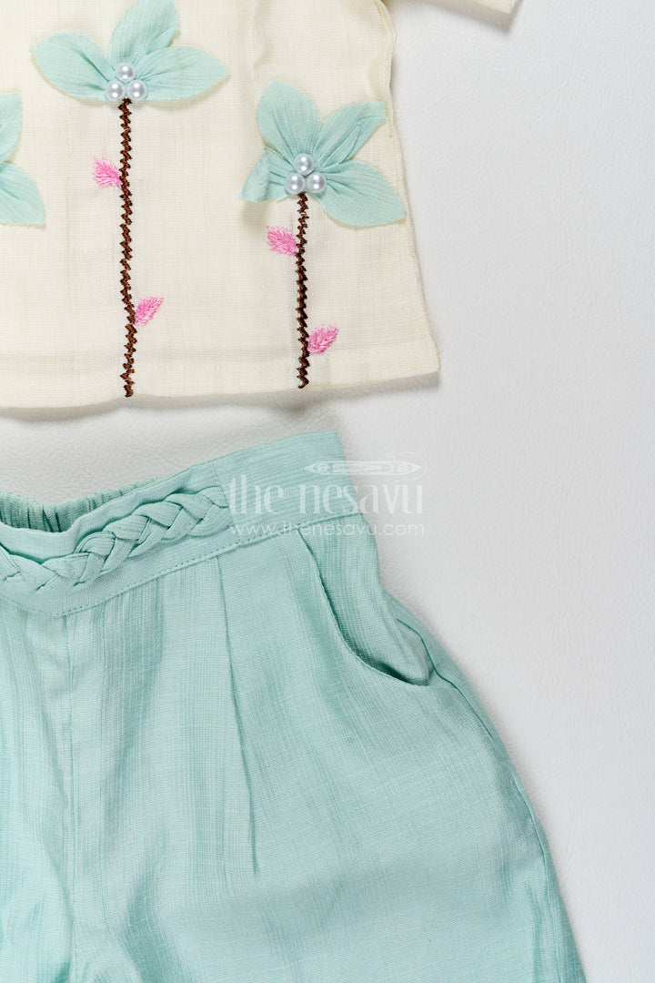 The Nesavu Girls Casual Set Two Piece Co Ord Set for Girls in Turquoise with an Occasion Ready Finish Nesavu Nesavu Two Piece Co Ord Set For Girls In Turquoise With Floral
