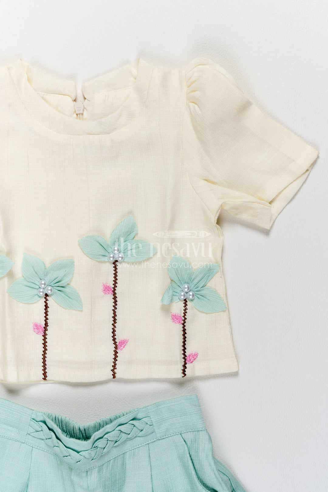 The Nesavu Girls Casual Set Two Piece Co Ord Set for Girls in Turquoise with an Occasion Ready Finish Nesavu Nesavu Two Piece Co Ord Set For Girls In Turquoise With Floral