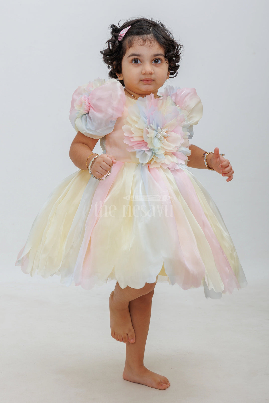 The Nesavu Girls Tutu Frock Unicorn Color Organza Frock with Floral Embellishment Nesavu 16 (1Y) / multicolor PF188A-16 Unicorn Color Organza Frock with Floral Embellishment - Nesavu