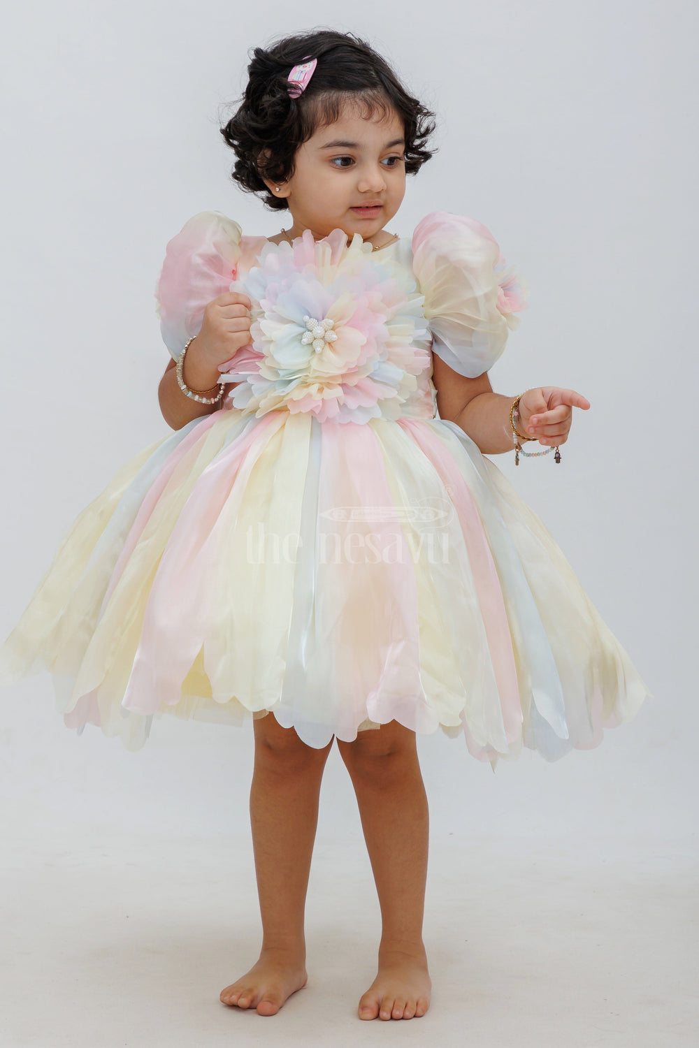 The Nesavu Girls Tutu Frock Unicorn Color Organza Frock with Floral Embellishment Nesavu Unicorn Color Organza Frock with Floral Embellishment - Nesavu