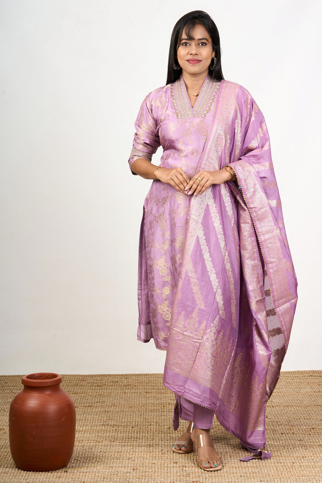 The Nesavu Womens Straight Suit Sets Unique Kurta Sets in Lavender Art Silk with Gold Motifs and Embroidered Dupatta for Women Nesavu 38 (M) / Purple WTH057A-38 Lavender Art Silk Unique Kurta Sets Women Gold Motifs Embroidered Dupatta | The Nesavu