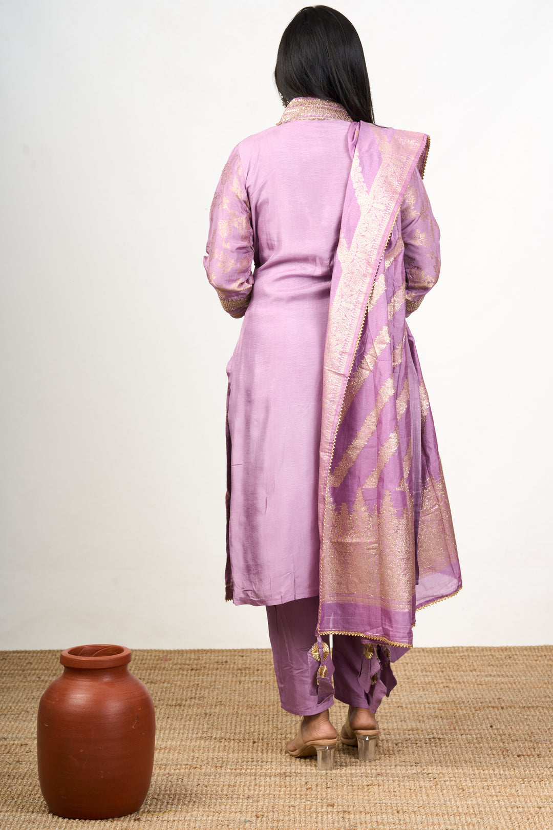 The Nesavu Womens Straight Suit Sets Unique Kurta Sets in Lavender Art Silk with Gold Motifs and Embroidered Dupatta for Women Nesavu Lavender Art Silk Unique Kurta Sets Women Gold Motifs Embroidered Dupatta | The Nesavu
