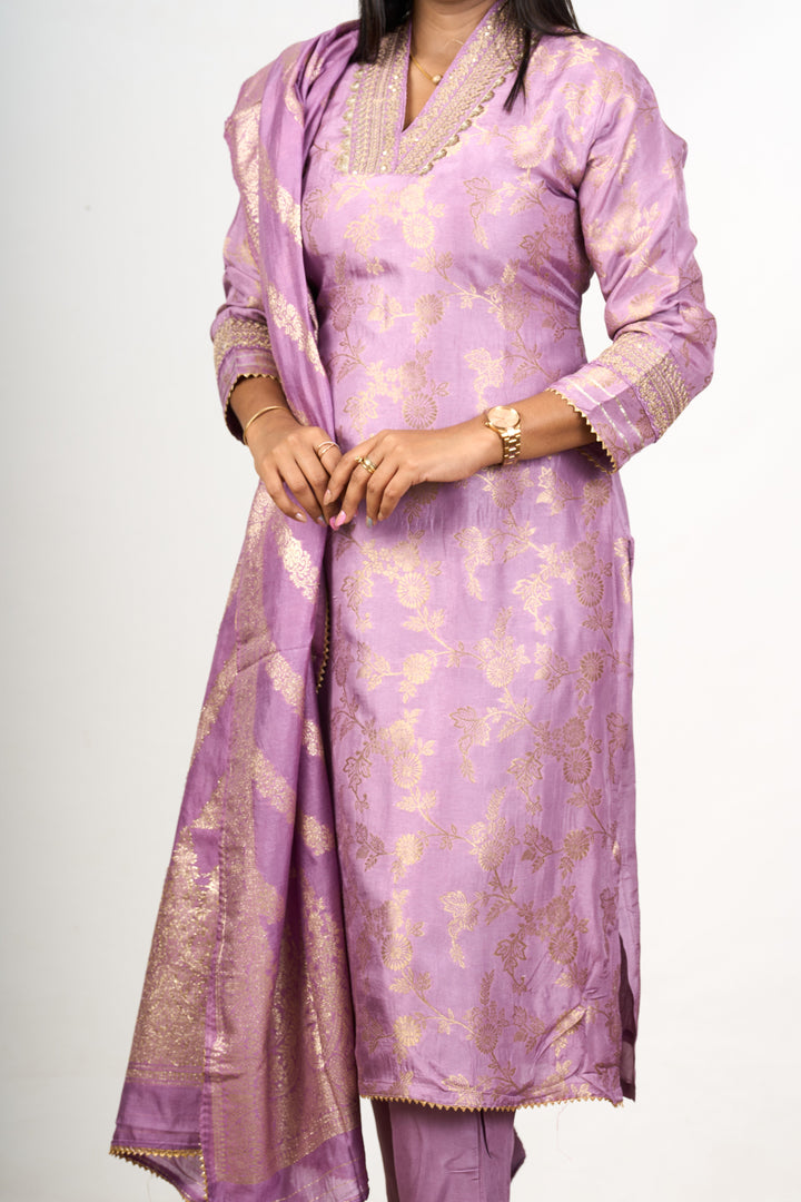 The Nesavu Womens Straight Suit Sets Unique Kurta Sets in Lavender Art Silk with Gold Motifs and Embroidered Dupatta for Women Nesavu Lavender Art Silk Unique Kurta Sets Women Gold Motifs Embroidered Dupatta | The Nesavu