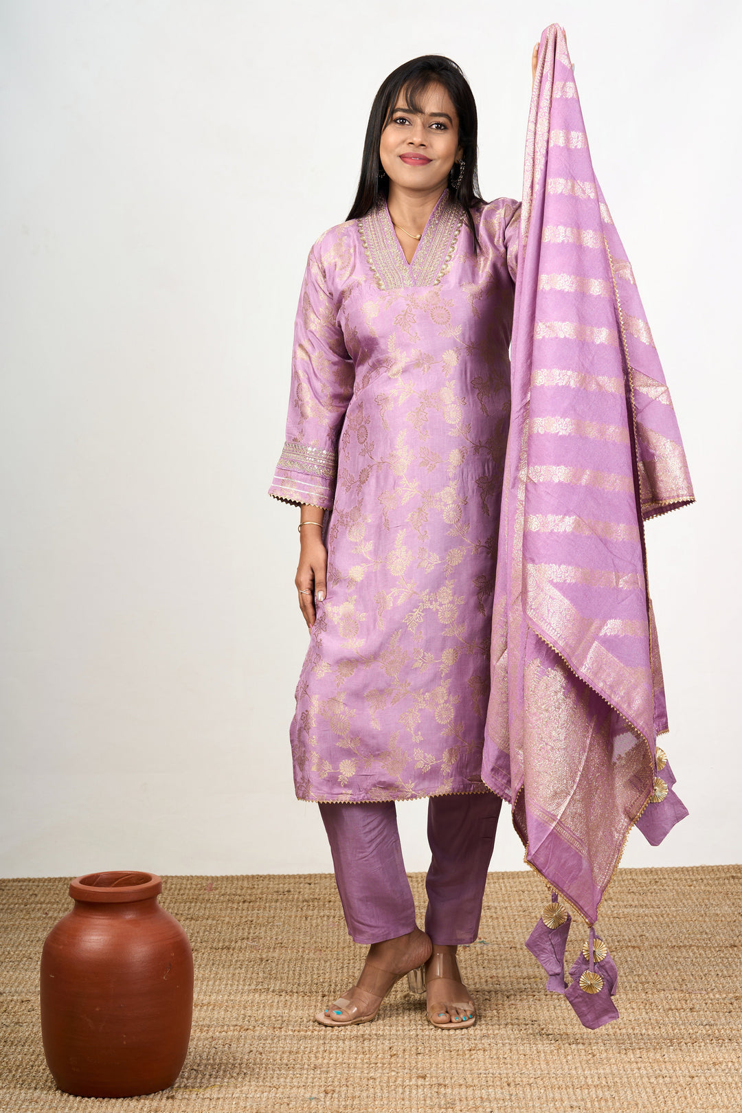 The Nesavu Womens Straight Suit Sets Unique Kurta Sets in Lavender Art Silk with Gold Motifs and Embroidered Dupatta for Women Nesavu Lavender Art Silk Unique Kurta Sets Women Gold Motifs Embroidered Dupatta | The Nesavu