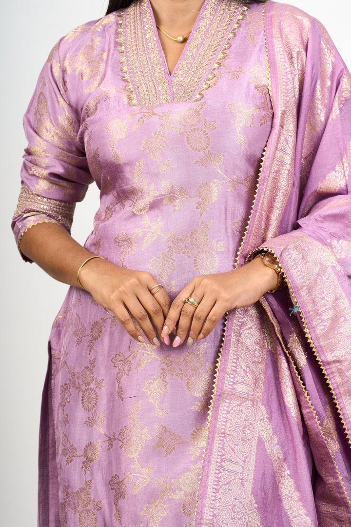The Nesavu Womens Straight Suit Sets Unique Kurta Sets in Lavender Art Silk with Gold Motifs and Embroidered Dupatta for Women Nesavu Lavender Art Silk Unique Kurta Sets Women Gold Motifs Embroidered Dupatta | The Nesavu