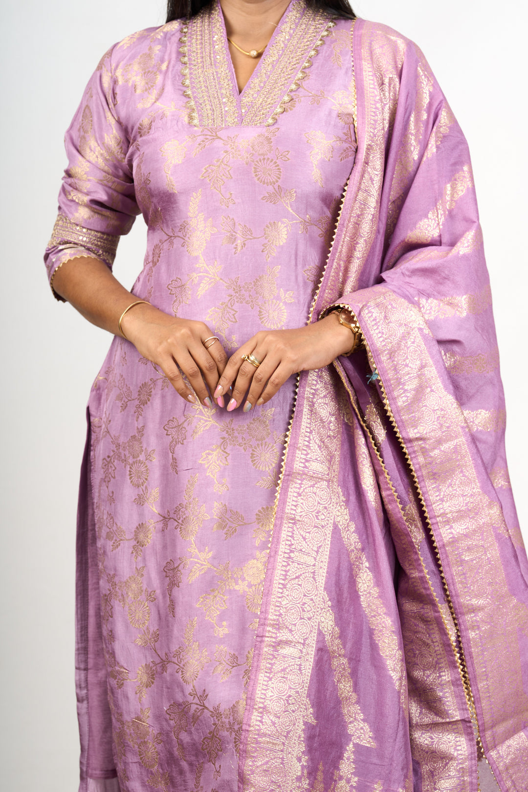 The Nesavu Womens Straight Suit Sets Unique Kurta Sets in Lavender Art Silk with Gold Motifs and Embroidered Dupatta for Women Nesavu Lavender Art Silk Unique Kurta Sets Women Gold Motifs Embroidered Dupatta | The Nesavu