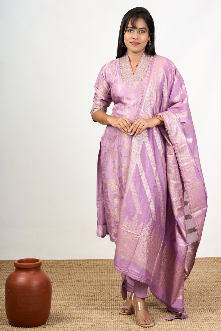 The Nesavu Womens Straight Suit Sets Unique Kurta Sets in Lavender Art Silk with Gold Motifs and Embroidered Dupatta for Women Nesavu Lavender Art Silk Unique Kurta Sets Women Gold Motifs Embroidered Dupatta | The Nesavu