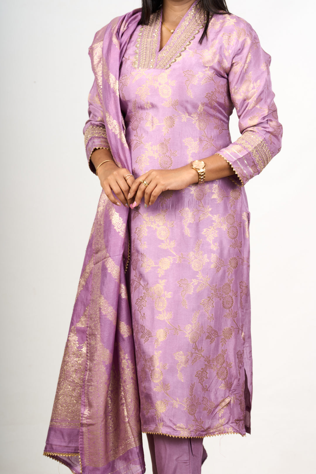 The Nesavu Womens Straight Suit Sets Unique Kurta Sets in Lavender Art Silk with Gold Motifs and Embroidered Dupatta for Women Nesavu Nesavu Lavender Art Silk Unique Kurta Sets Women Gold Motifs Embroidered Dupatta