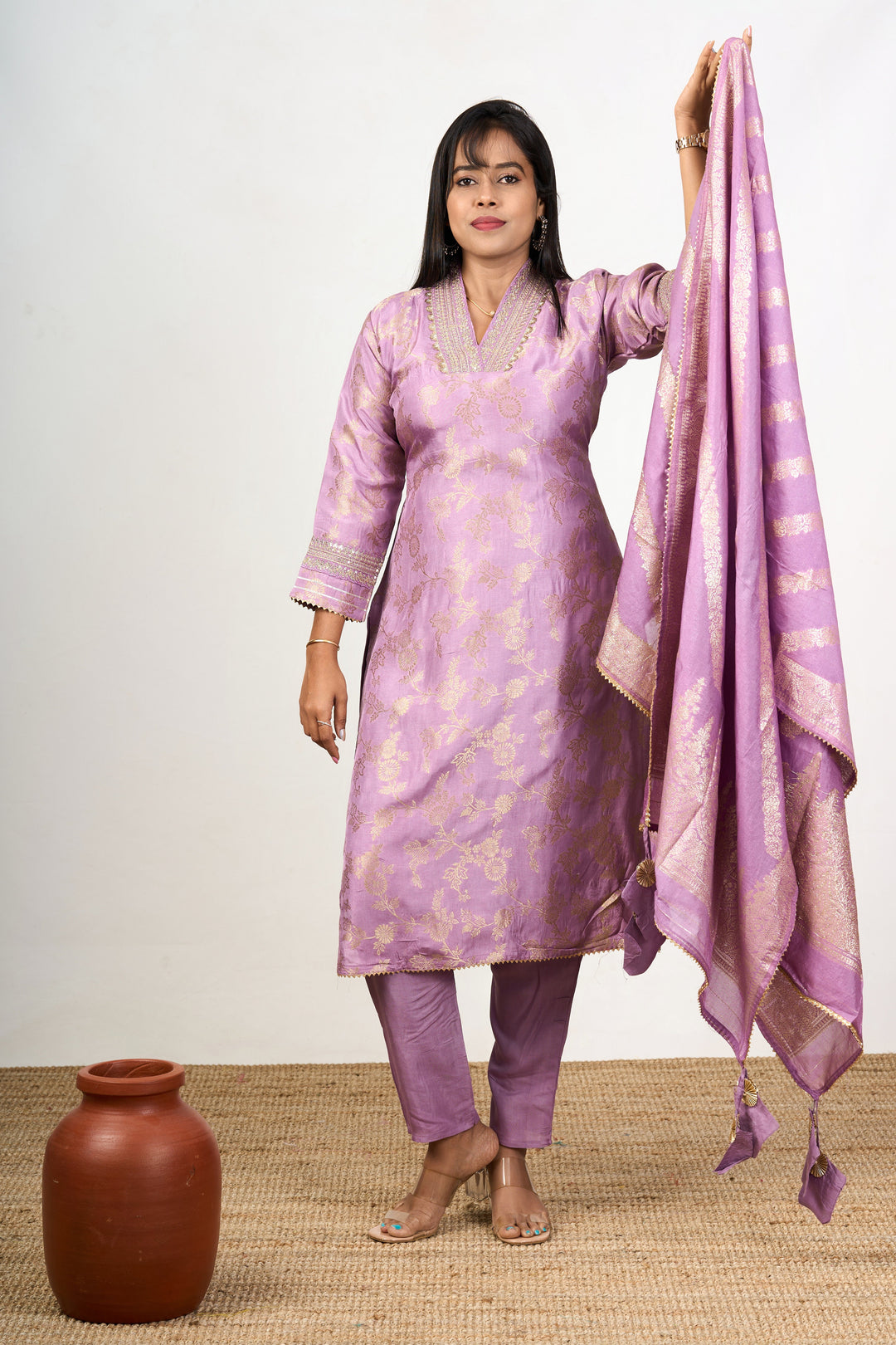 The Nesavu Womens Straight Suit Sets Unique Kurta Sets in Lavender Art Silk with Gold Motifs and Embroidered Dupatta for Women Nesavu Nesavu Lavender Art Silk Unique Kurta Sets Women Gold Motifs Embroidered Dupatta