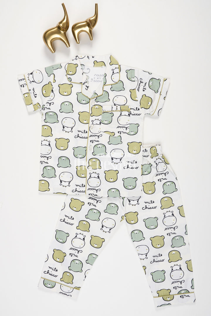 The Nesavu Night Dress Unisex Cotton Night Suit for Kids with Teddy Bear and Cow Print in Green Nesavu 16 (1Y) / Green NS043A-16 Unisex Cotton Night Suit for Kids with Teddy Bear and Cow Print in Green Nesavu