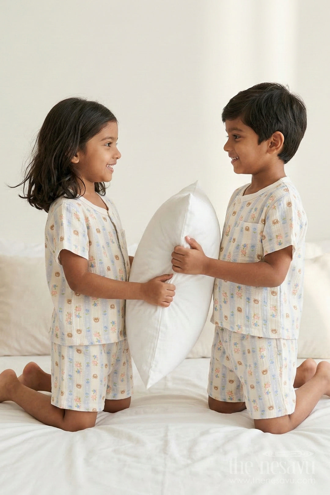 The Nesavu Night Dress Unisex Cotton Night Suit with Floral Print for Daily Sleepwear Nesavu 10 (NB) / Multicolor / Muslin Cotton NS062A-10 Nesavu Unisex Muslin Cotton Floral Print Night Suit For Breathable Sleepwear