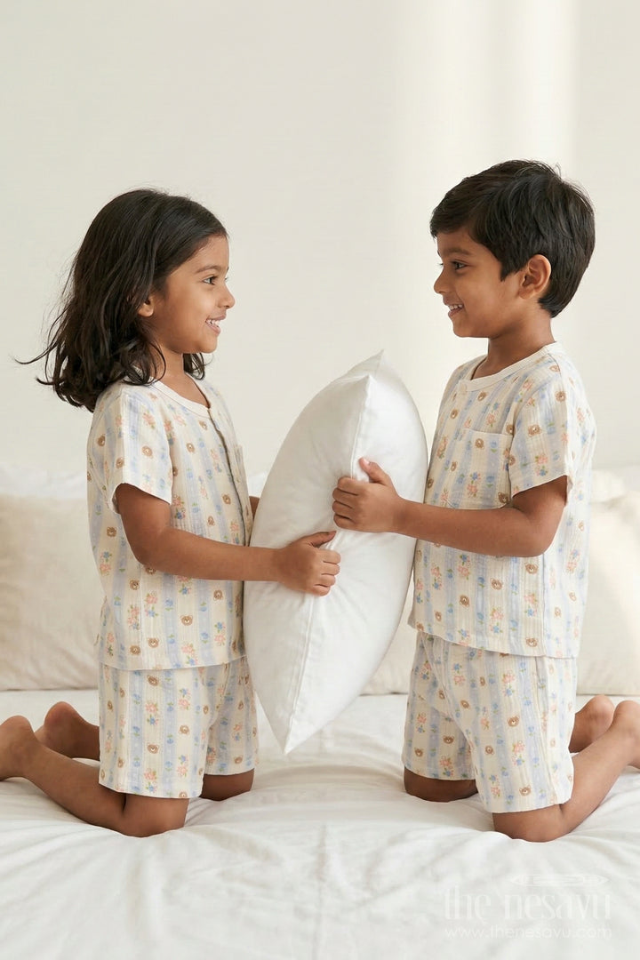The Nesavu Night Dress Unisex Cotton Night Suit with Floral Print for Daily Sleepwear Nesavu 10 (NB) / Multicolor / Muslin Cotton NS062A-10 Nesavu Unisex Muslin Cotton Floral Print Night Suit For Breathable Sleepwear