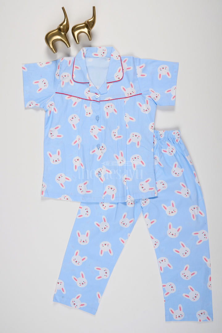 The Nesavu Night Dress Unisex Cotton Nightsuit Set with Bunny Print in Blue for Toddlers Nesavu 16 (1Y) / Blue NS041A-16 Unisex Cotton Nightsuit Set with Bunny Print in Blue for Toddlers Nesavu