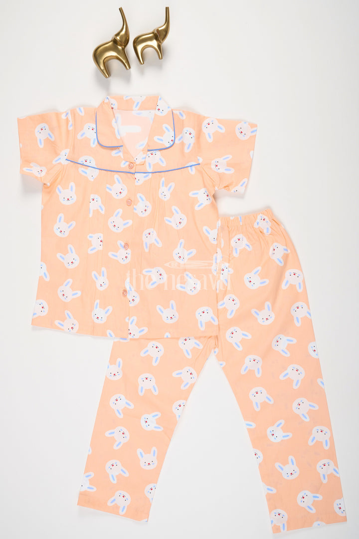 The Nesavu Night Dress Unisex Cotton Nightsuit Set with Bunny Print in Orange for Toddlers Nesavu 16 (1Y) / Orange NS041B-16 Unisex Cotton Nightsuit Set with Bunny Print in Orange for Toddlers Nesavu