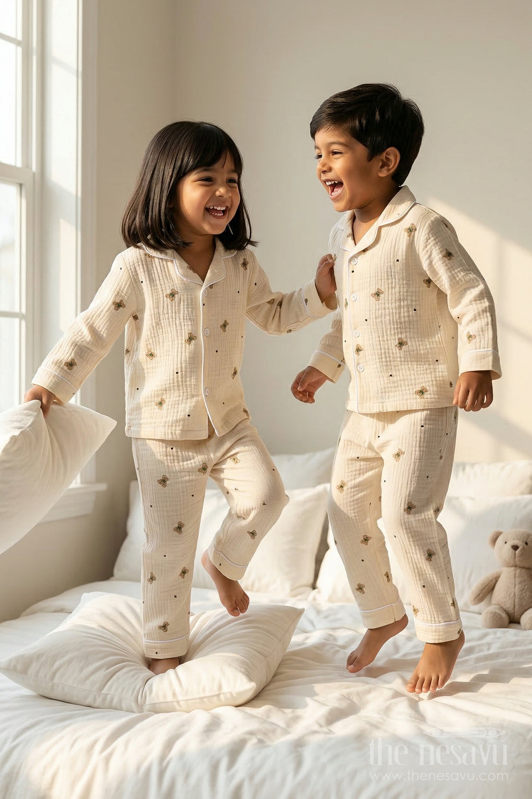 The Nesavu Night Dress Unisex Kids Cotton Night Dress Set for Comfortable Sleep Nesavu 18 (2Y) / Multicolor / Muslin Cotton NS049A-18 Nesavu Unisex Muslin Cotton Night Dress Set With Digital Print For Comfortable Sleep