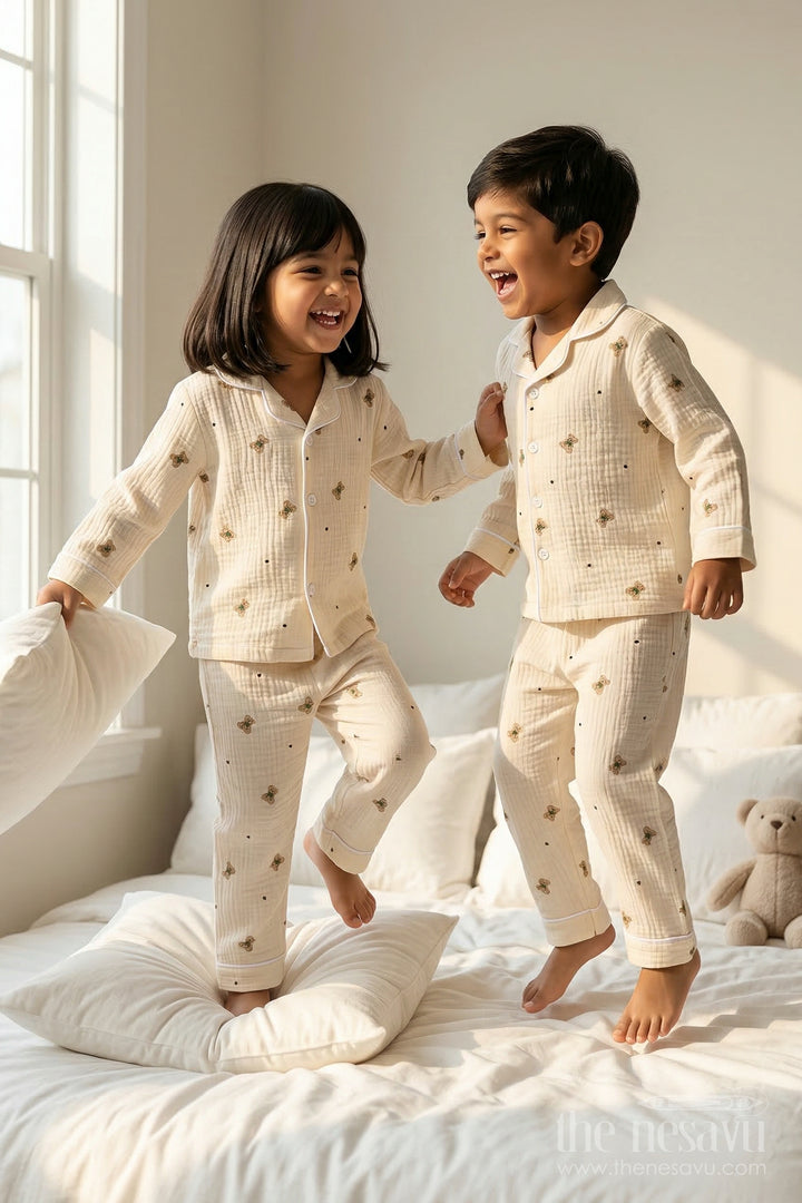 The Nesavu Night Dress Unisex Kids Cotton Night Dress Set for Comfortable Sleep Nesavu 18 (2Y) / Multicolor / Muslin Cotton NS049A-18 Nesavu Unisex Muslin Cotton Night Dress Set With Digital Print For Comfortable Sleep