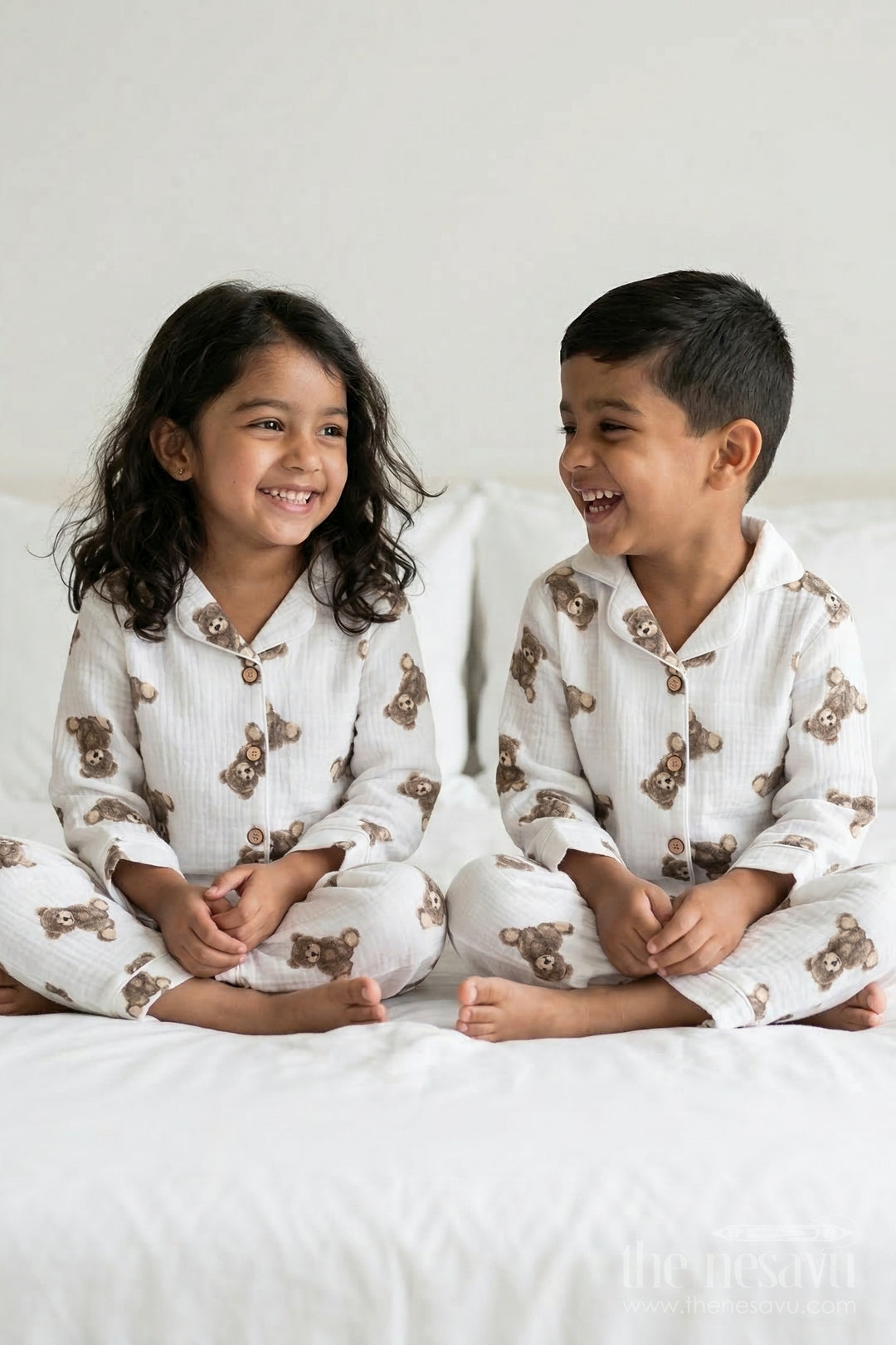 The Nesavu Night Dress Unisex Kids Cotton Night Suit for Daily Sleepwear Comfort Nesavu 16 (1Y) / Cream / Muslin Cotton NS050A-16 Nesavu Unisex Kids Muslin Cotton Night Suit With Digital Print For Everyday Sleepwear