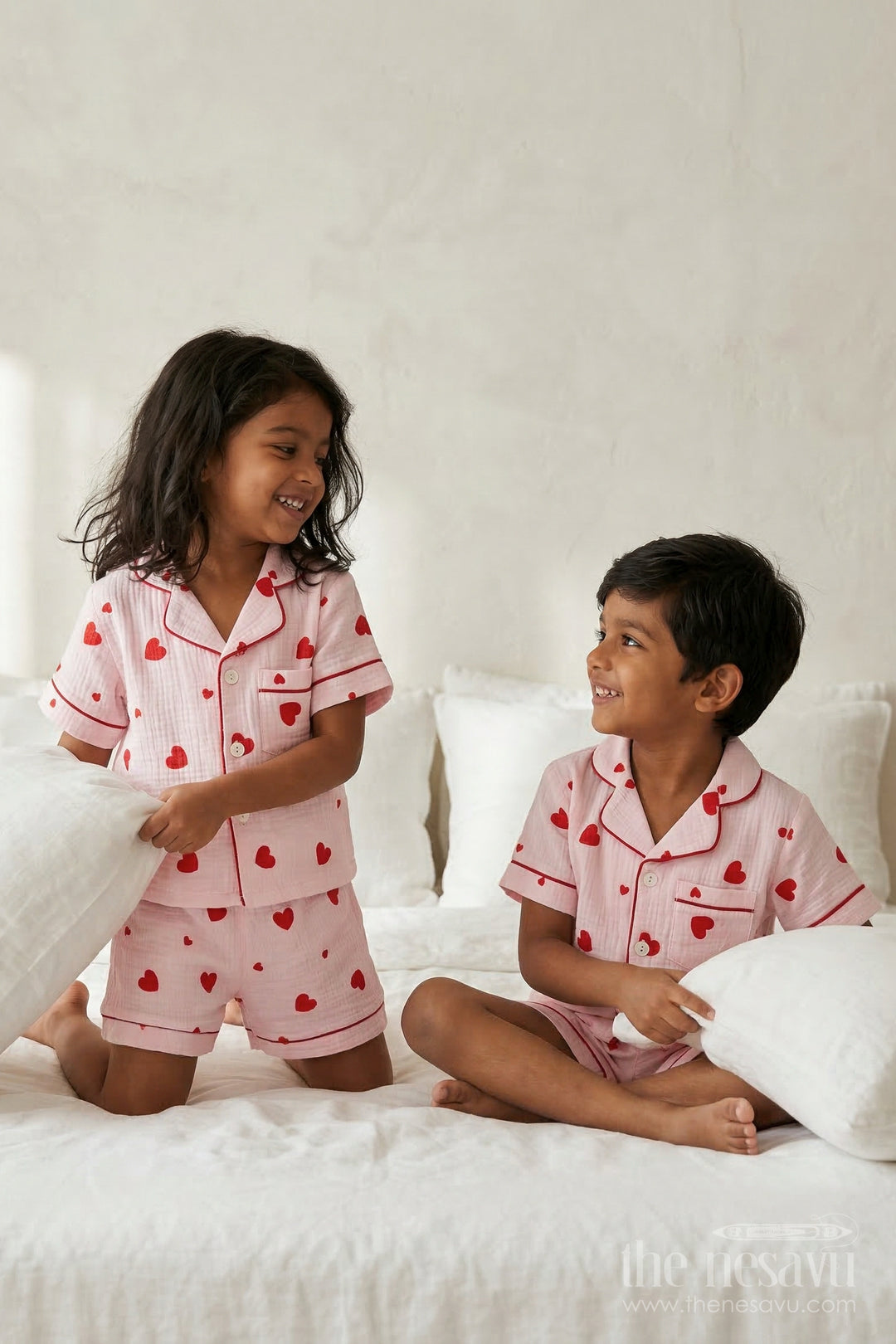 The Nesavu Night Dress Unisex Kids Cotton Night Suit Set for Daily Sleepwear Nesavu 16 (1Y) / Cream / Muslin Cotton NS053B-16 Nesavu Unisex Kids Muslin Cotton Night Dress Set With Digital Print For Everyday Comfort