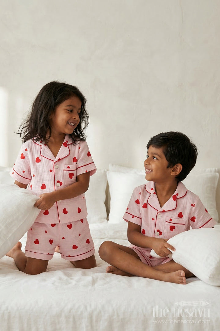 The Nesavu Night Dress Unisex Kids Cotton Night Suit Set for Daily Sleepwear Nesavu 16 (1Y) / Cream / Muslin Cotton NS053B-16 Nesavu Unisex Kids Muslin Cotton Night Dress Set With Digital Print For Everyday Comfort