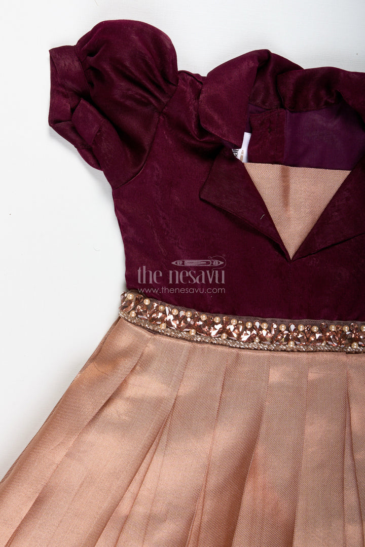 The Nesavu Girls Silk Gown Velvet Party Gown for Girls with Tissue Silk Skirt Wine and Gold Festive Dress Nesavu Nesavu Velvet Tissue Silk Gown Girls Festive Party Wear Wine Gold Puff Sleeves