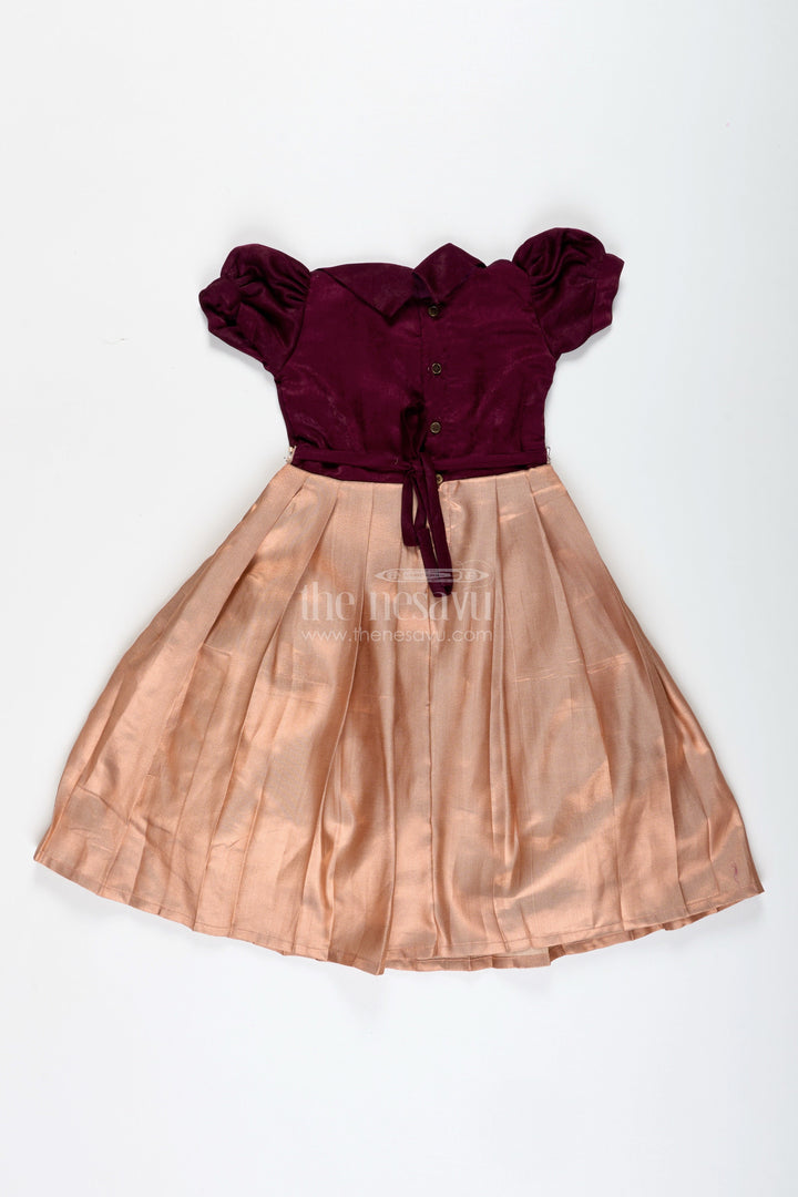The Nesavu Girls Silk Gown Velvet Party Gown for Girls with Tissue Silk Skirt Wine and Gold Festive Dress Nesavu Nesavu Velvet Tissue Silk Gown Girls Festive Party Wear Wine Gold Puff Sleeves