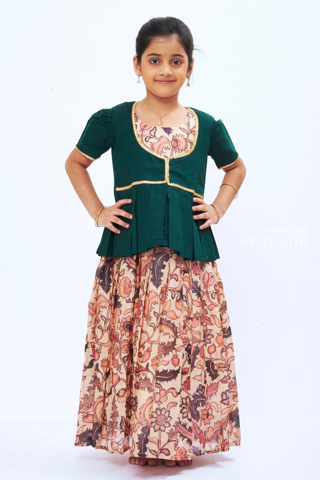 The Nesavu Girls Silk Gown Verdant Vogue: Green Silk Anarkali Dress with Floral Skirt for Girls Nesavu 16 (1Y) / Green / Chanderi GA189B-16 Girls Emerald Silk Anarkali Dress with Floral Skirt | The Nesavu
