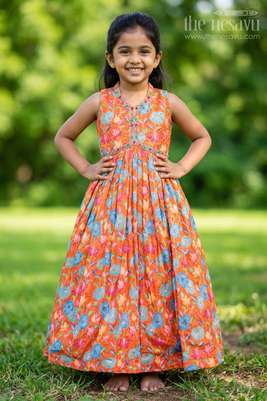 The Nesavu Girls Silk Gown Vibrant Anarkali for Girls in Pure Chinon with Digital Print and Intricate Embellishments Nesavu 32 (9Y) / Orange GA293A-32 Vibrant Anarkali Girls Pure Chinon Digital Print Intricate Embellishments | The Nesavu