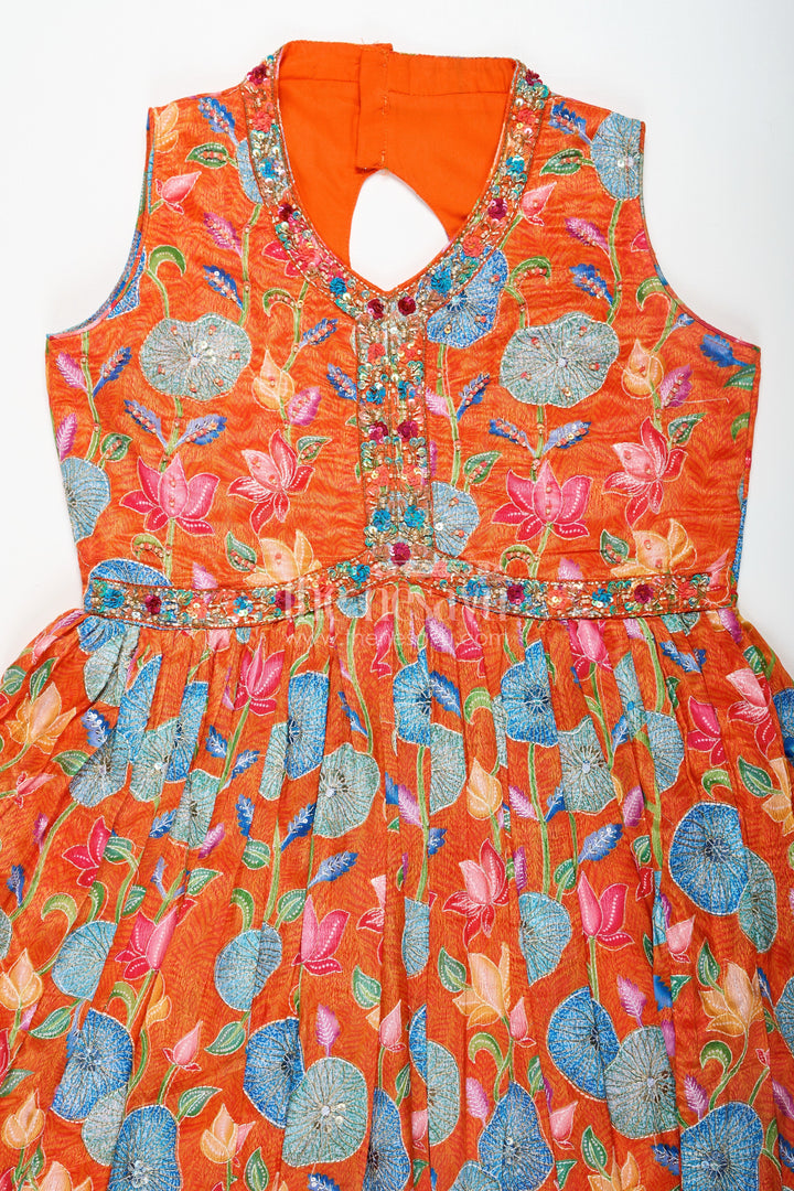 The Nesavu Girls Silk Gown Vibrant Anarkali for Girls in Pure Chinon with Digital Print and Intricate Embellishments Nesavu Vibrant Anarkali Girls Pure Chinon Digital Print Intricate Embellishments | The Nesavu